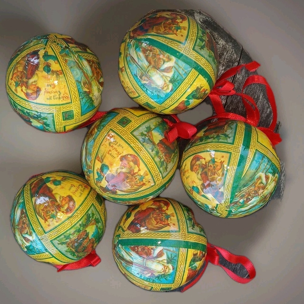 VTG Paper Mache Laquered Christmas Ornaments Set Of 6 Santa Clause St Nick